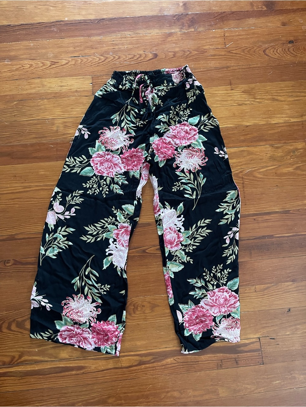 Angie Black Wide-Leg Pants with Pink Floral Pattern